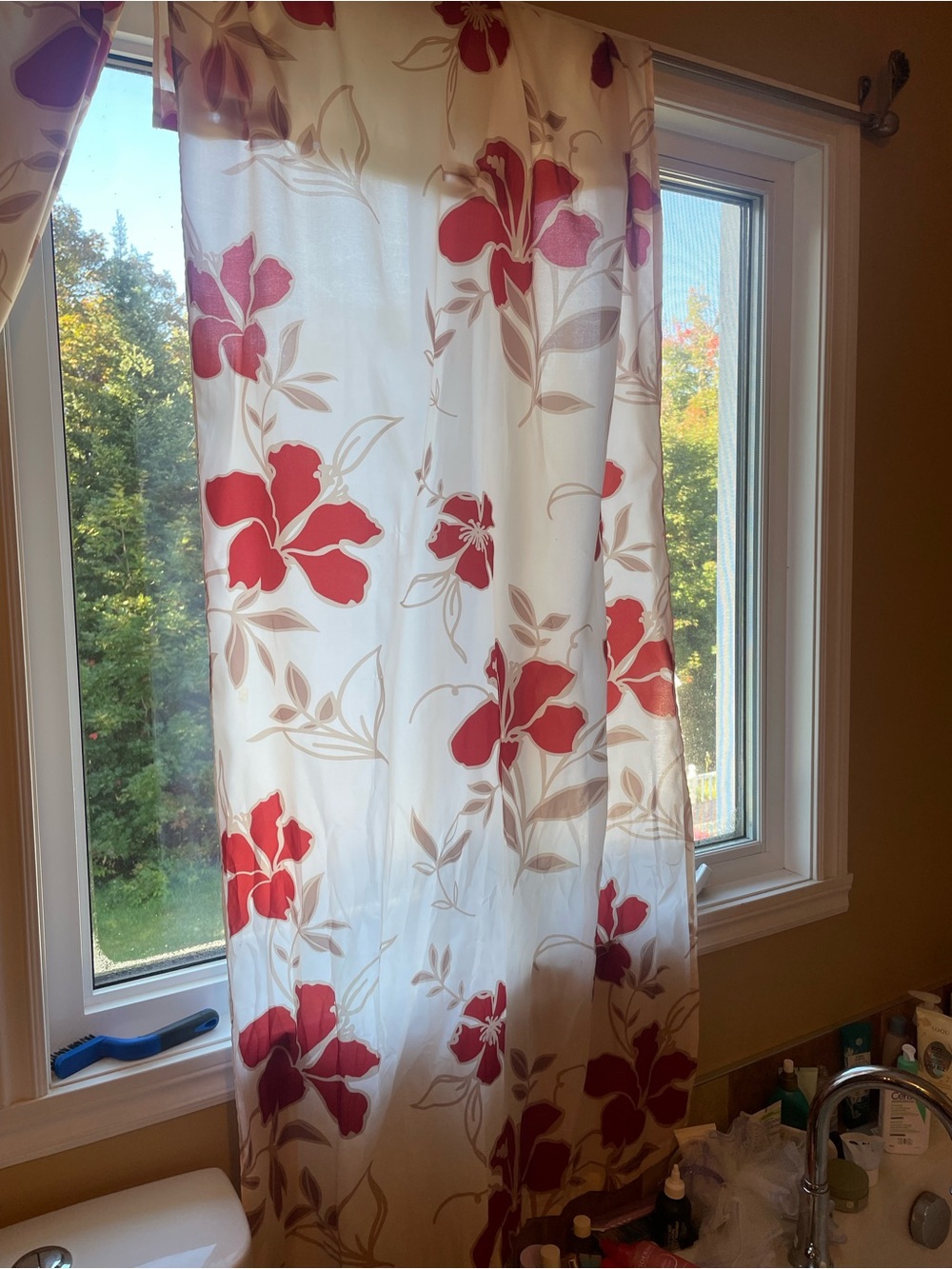 Floral Red and Cream Sheer Window Curtain Panel - Home Accents